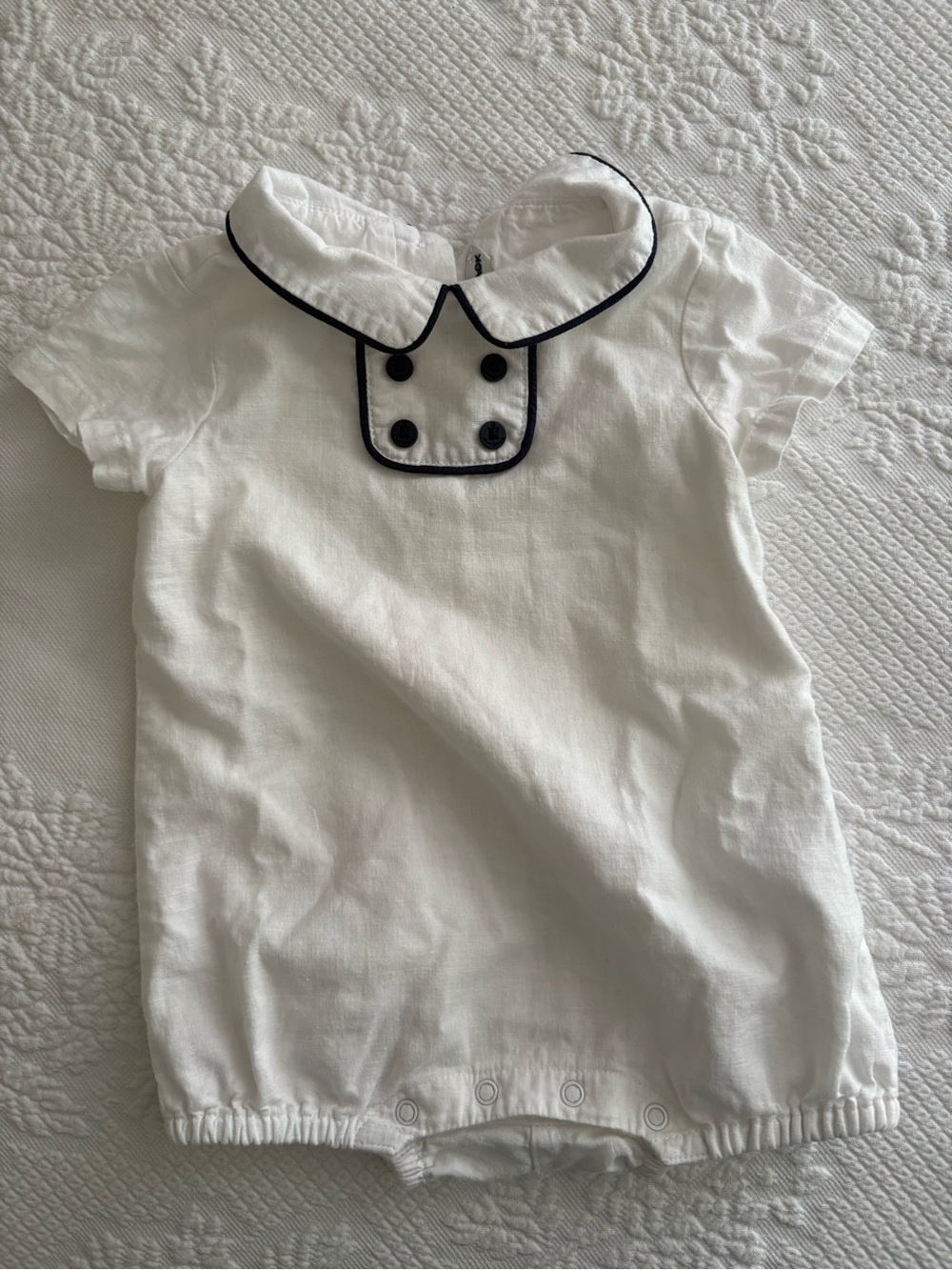 Janie and Jack White Short-Sleeve Romper with Navy Trim